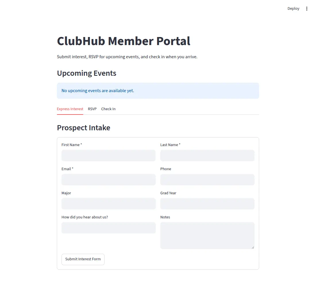 ClubHub member portal with a prospect intake form