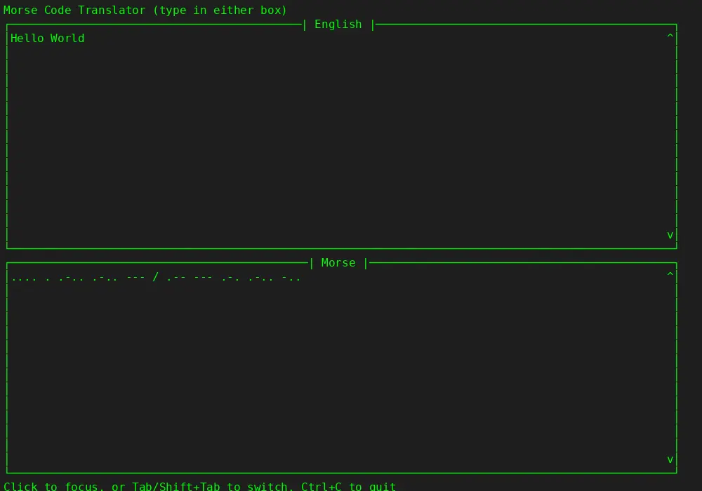 Morse translator with Hello World in English and the matching Morse in the pane below