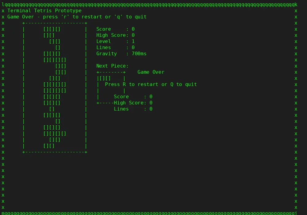 Terminal Tetris after a game, with the board, score, and next-piece panel